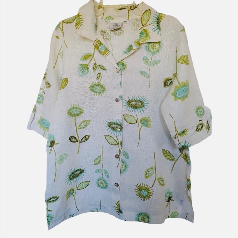 Hot Cotton 3X Linen Cotton Camp Shirt Button Up Botanical Floral Print Boxy Fit - Picture 3 of 8